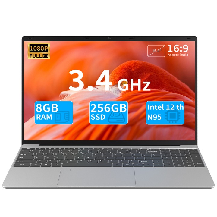 Ultranagy teljesítményű laptop 15, 6” IPS FHD (1920x1080), Intel N95 (12.generáció) akár 3, 4 GHz-ig, 8 GB RAM, 256 GB SSD (bővíthető akár 2 TB-ig), Windows 11, 10000 mAh akkumulátor, WiFi és Bluetooth 5.2, teljes méretű billentyűzet ujjlenyomat-olvasóval