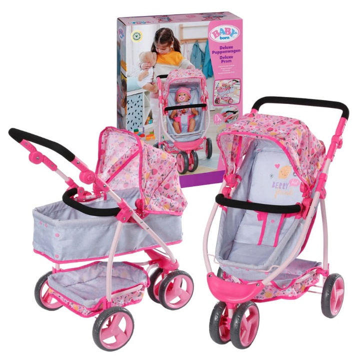 Babakocsi babáknak, Baba születésű, Deluxe babakocsi, Állítható fogantyú 46-77 cm, Babáknak 36-43 cm, Fehér, Has/fém