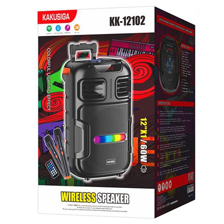 Boxa Portabila Kaku (12102), Wireless BT 5.2, 60W, 4500mAh, LED Display, Flame Ambient Light, Black