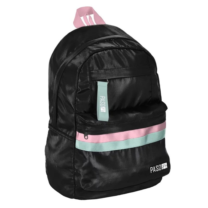 Раница, Paso, Младежка школа, Черна с ментова панделка и розови акценти, Размери: 43 x 29 x 16,5 cm, Материал: полиестер, Ергономични презрамки, Идеална за училище и пътувания