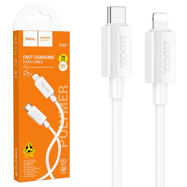 Cablu Date si Incarcare Hoco (X107), USB-C la Lightning, PD27W, QC3.0, 1m, White