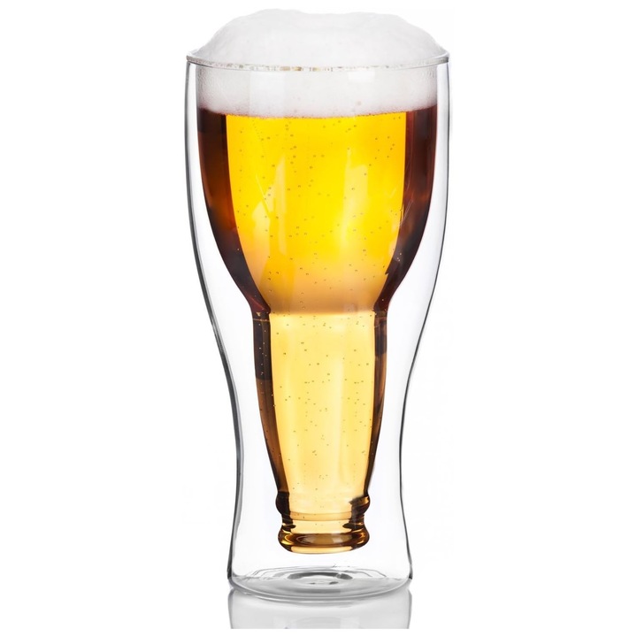 Pahar pentru bere din sticla dubla, 400 ml, design upside-down, izolat termic, ideal pentru bauturi reci, 400 ml