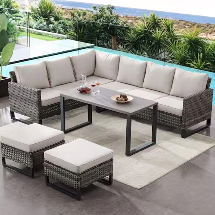 Set mobilier gradina/terasa coltar, masa si 2 tabureti, Maison Mex STOKE, antracit/gri/bej