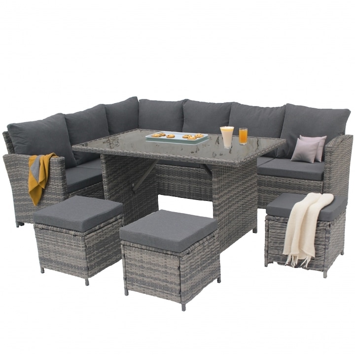 Set mobilier de gradina DeHome® Zafir 190, 9 locuri, canapea, coltar, masa culoare gri
