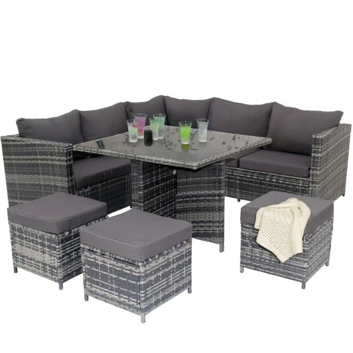Mobilier de gradina DeHome® MG960G, 8 locuri, coltar, tabureti, masa patrata, culoare gri