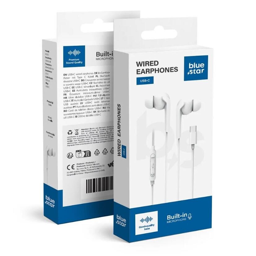 Casti cu Fir Type-C, Blue Star M15C, Compatibile iPhone 15/16 si Android, 120cm, Microfon si Control volum, Alb
