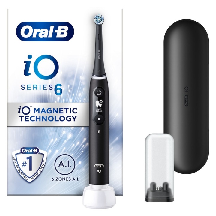 Oral-B iO6 elektromos fogkefe mágneses technológiával és mikrovibrációkkal, mesterséges intelligencia, interaktív led kijelző, intelligens nyomásérzékelő, látható időzítő, 5 üzemmód, 1 vég, utazási készlet, fekete