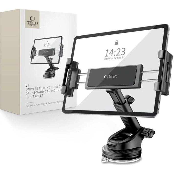 Suport pentru tableta, V4, dimensiune reglabila( de la 141 pana la 280 mm), prindere parbriz sau bord, brat telescopic, rotire 360, Negru