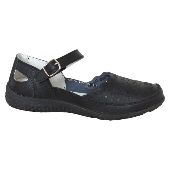 Pantofi Maria Conti din piele naturala cu bareta inchidere cu scai (velcro) decorati cu catarama si decupaj floral P9