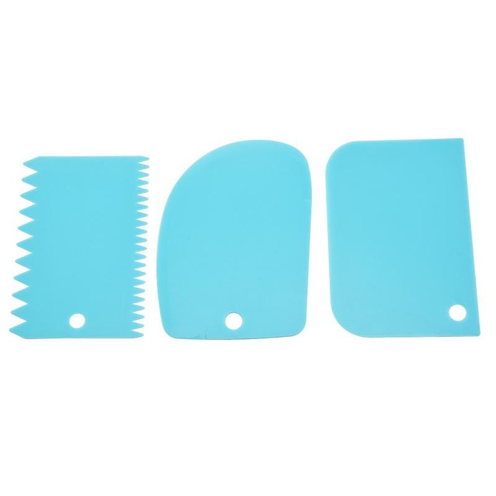 Set 3 spatule pentru prajituri, plastic, albastru, 10x8 cm