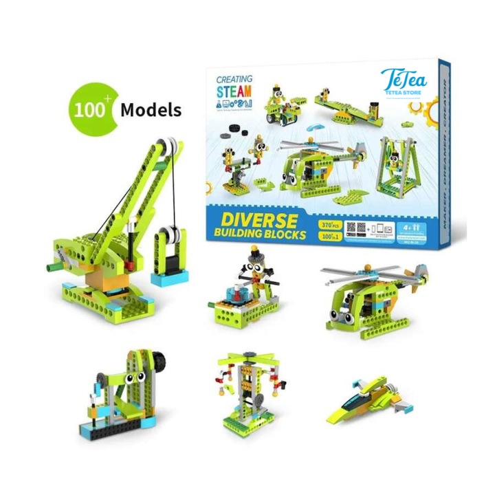 Jucarie Educational Tetea, blocuri de inginerie mecanica 100 in 1 cu 370 piese plus