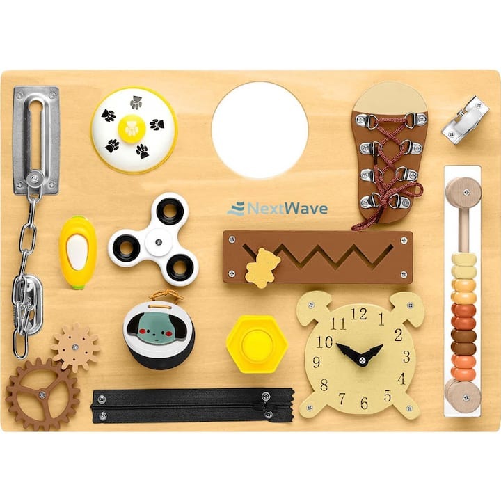 NextWave® сензорна дъска, дървена Монтесори дъска за занимания с 14 образователни дейности, за учене и развитие на фината моторика, детска играчка за пътуване за момичета и момчета