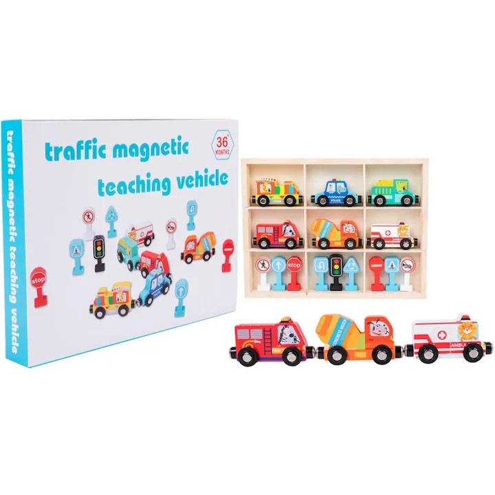 Set 6 vehicule din lemn cu magnet si 9 semne de circulatie, Stuniko® Jucarie educativa pentru copii, 3 ani +