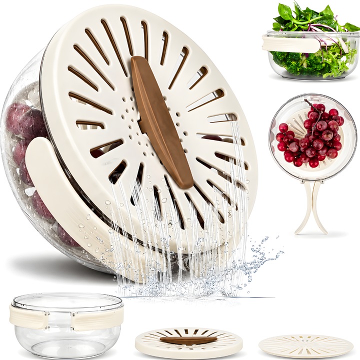 Strecuratoare KD Home® Drain Pro, Cu Maner Pliabil, Cu Functie de Bol, Cu Capac, Pentru Fructe si Legume, Alb