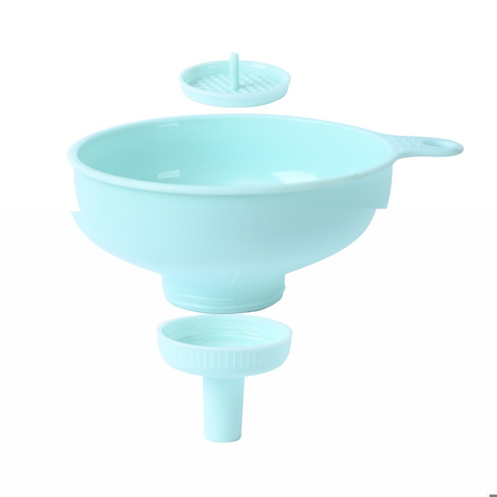 Cyrax műanyag tölcsér 3 az 1-ben két lefolyóméretben, menettel és szűrővel, lefolyó átmérője 5,4 cm kék, 11,5 x 16,7 cm