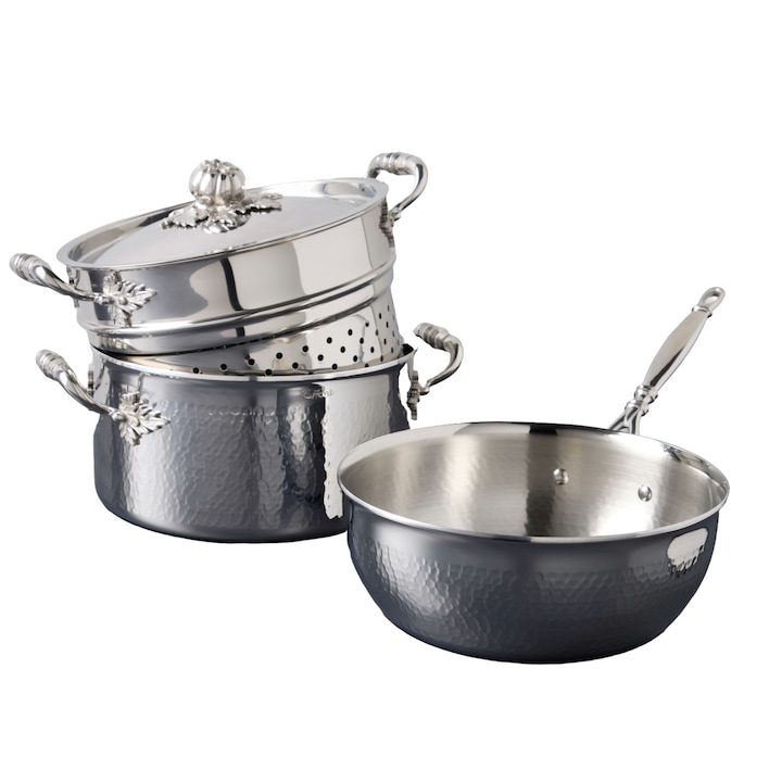 Ruffoni, Pasta & Risotto edénykészlet, Opus Prima kollekció, 4 db, 1 db fedőt és tálat tartalmaz betétekkel, kézzel készített Olaszországban, rozsdamentes anyag, kézzel faragott fogantyúk, minden hőforrással kompatibilis, rozsdamentes acél