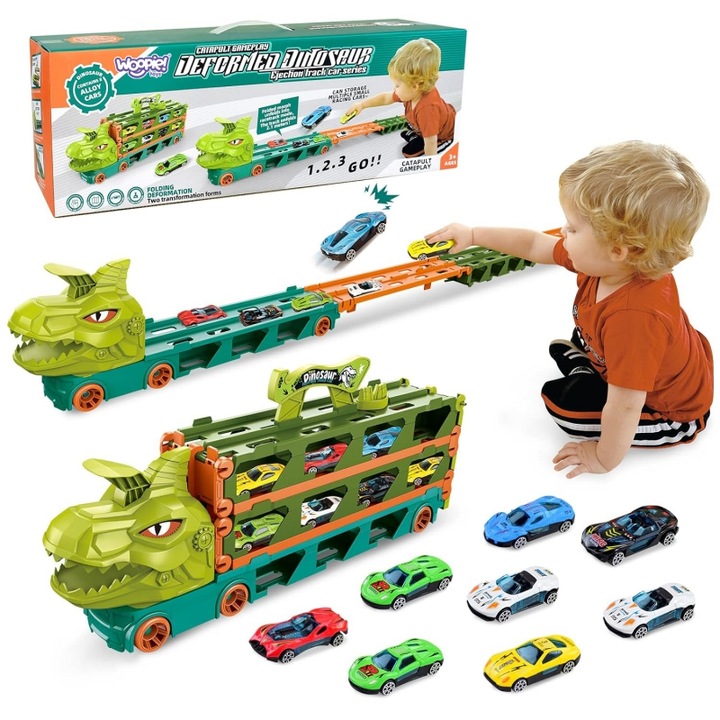 Pista de masinute 4in1 set cu T-Rex, Woopie, 8 masinute, 2,1m circuit, multicolor