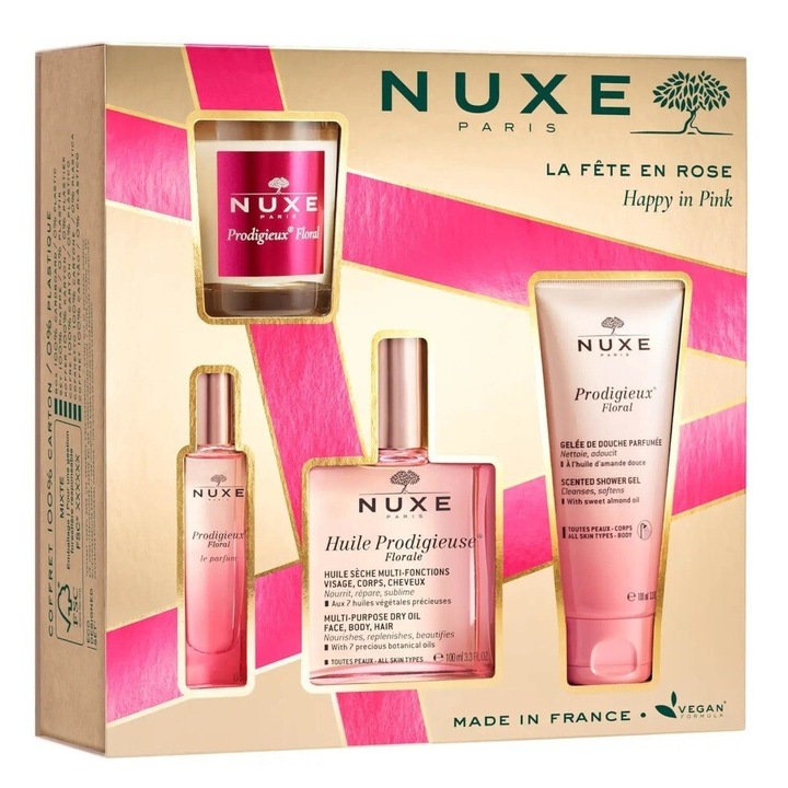 Nuxe Prodigieux virágos szett – parfüm 15 ml, többfunkciós olaj 100 ml, illatgyertya 70 g, tusfürdő 100 ml