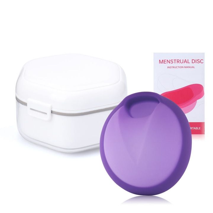 Set 2 piese: Disc menstruala reutilizabila din silicon medical + Cutie de depozitare igienica, Confort ecologic pentru ingrijirea intima, 45ml, Violet