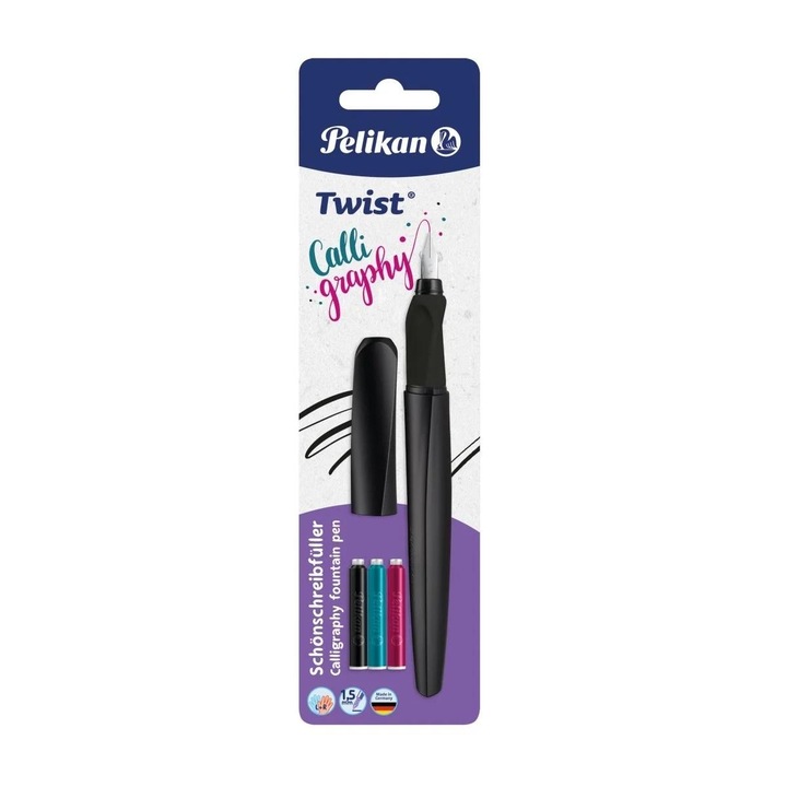 Stilou Pelikan Twist caligrafic, penita 1, 5 mm, 3 rezerve cerneala, culoare negru