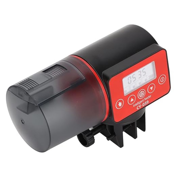 Hranitor automat pntru acvariu, capacitaate rezervor 200 ml, silentios, Display LCD, Temporizator digital pentru Alimentare Programata, Design compact, utilizare manuala si automata, Rosu/Negru