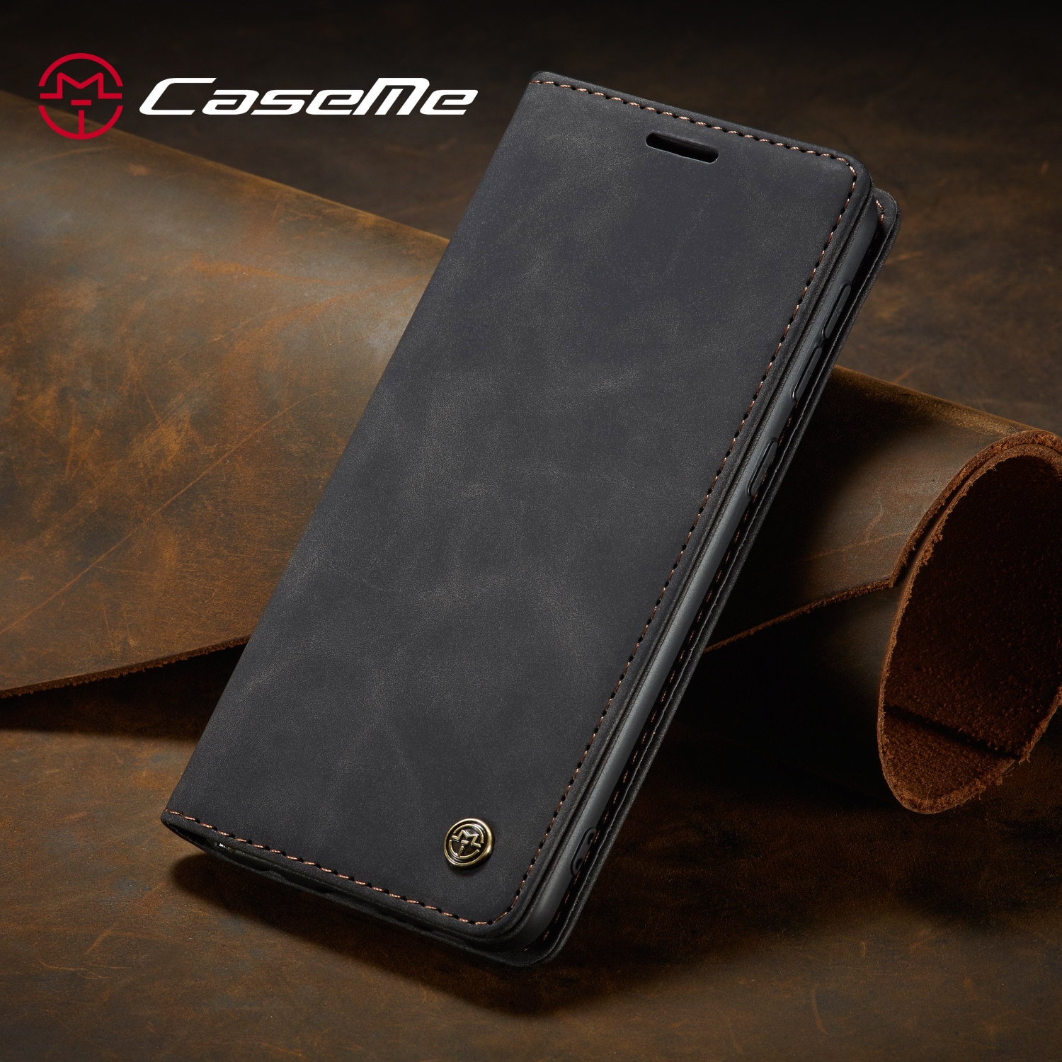 Husa pentru Samsung Galaxy A56, CaseMe, slim piele, tip portofel, stand, inchidere magnetica, textura catifelata, Negru