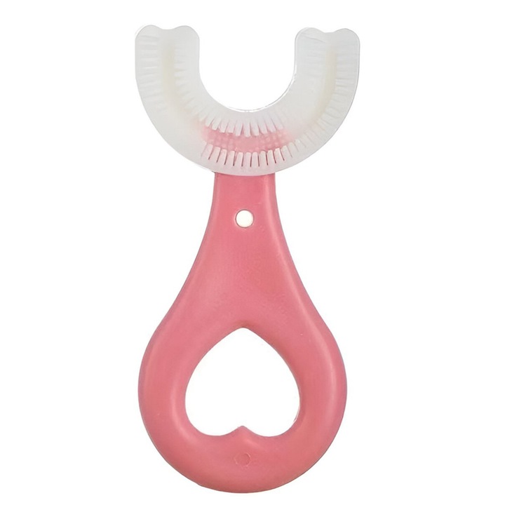 Kör alakú fogkefe csecsemőknek, Comando Kids, Extra puha, élelmiszer minőségű szilikon, érzékeny fogínyre, szívmintás, rózsaszín