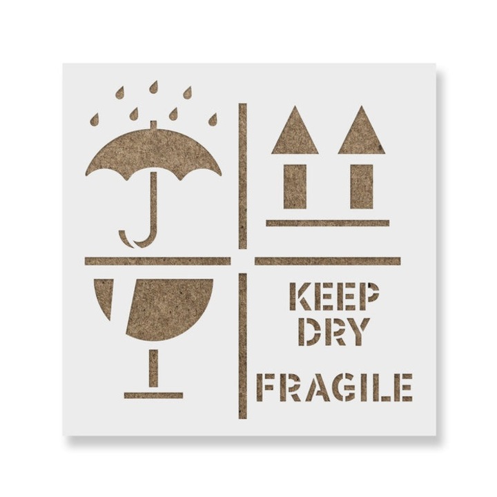 Sablon Perete vopsire, tencuiala 0.7mm Keep Dry Fragile Up Text Refolosibil, model MXSP7220, 100 x 100 mm, 0.70mm