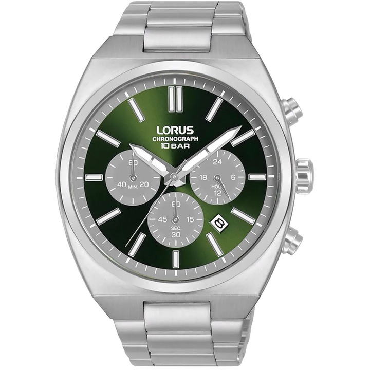 Ceas barbati Lorus Classic Chronograph, mecanism quartz VD53, bratara argintie, cadran verde, rezistent la apa 10 ATM
