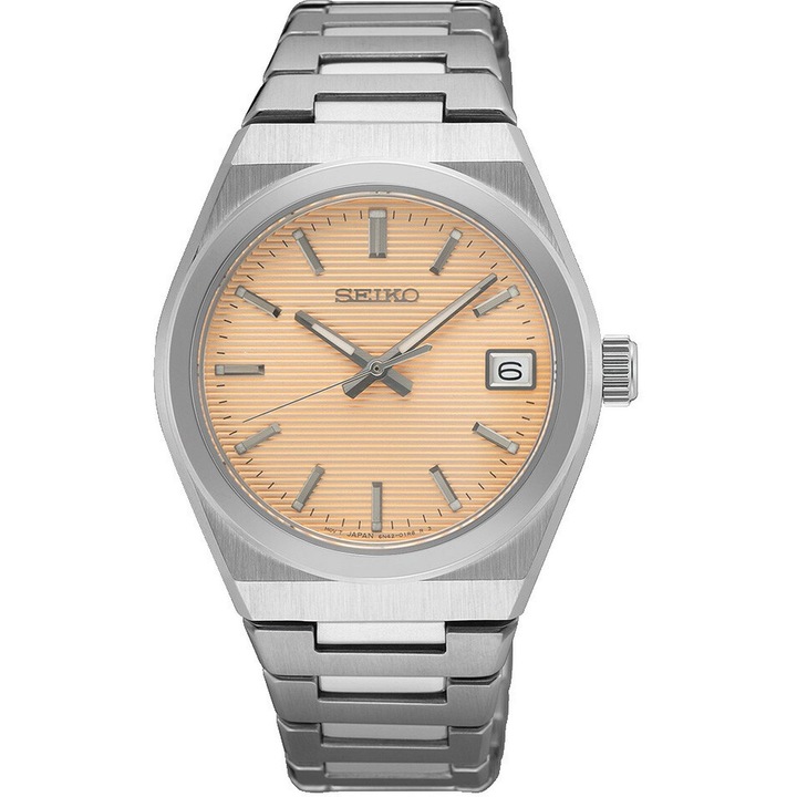 Ceas dama Seiko Quartz SUR577P1, bratara argintie, cadran portocaliu, rezistent la apa 10 ATM, mecanism 6N42