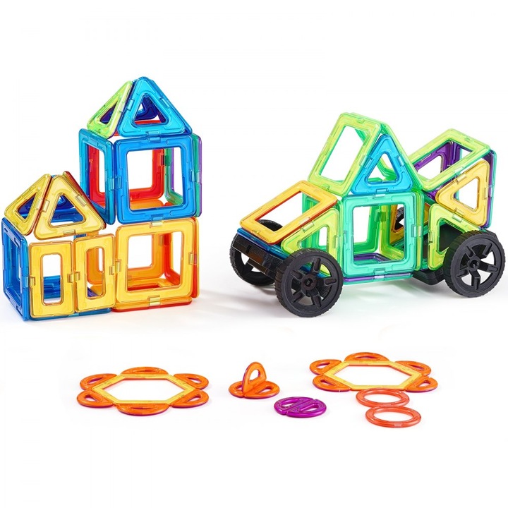 Set de Constructie pentru Copii, 60 de Piese Magnetice, 6 Forme Geometrice, Multicolor