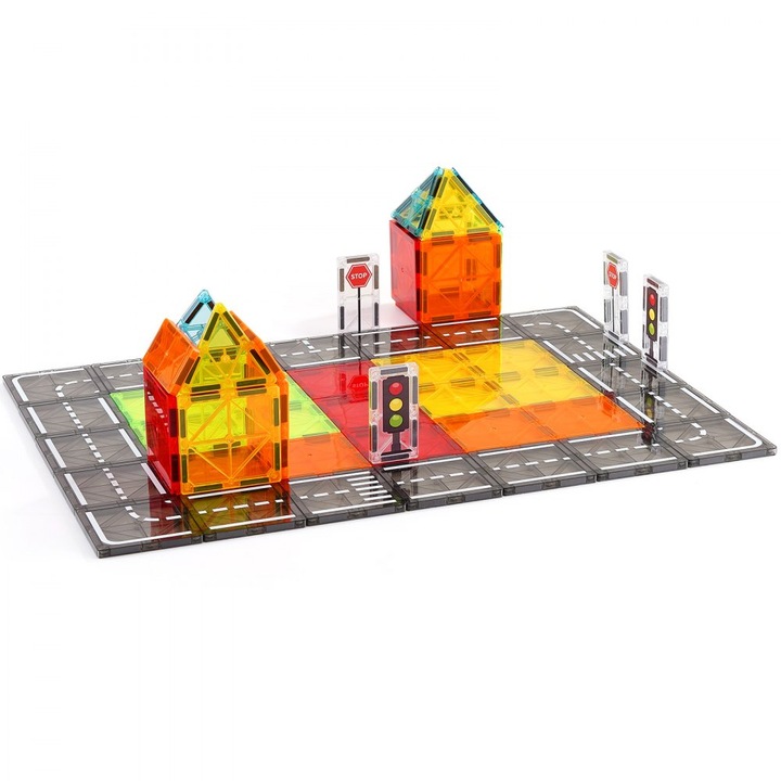 Set de constructie pentru copii, 56 de piese magnetice, diverse forme geometrice, din plastic, multicolor