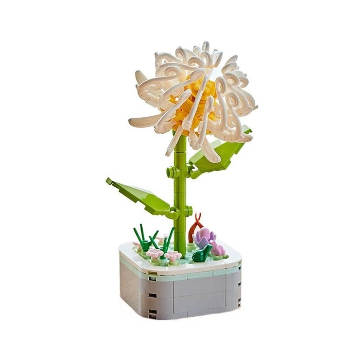 Innovium™ 3D krizantém virág építőkészlet, valósághű cserepes modell, fehér, 128 g, 12,7 × 10,2 × 3 cm, prémium építőelem-szett, oktató játék gyerekeknek és felnőtteknek