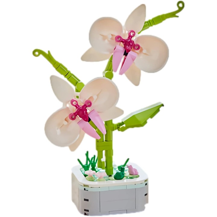 Innovium™ 3D orchideaépítő készlet, elegáns cserepes modell, 144 darab, gyöngyház fehér, 128 g, 22,2 × 17,91 × 5,21 cm, prémium építőelem-szett, luxus virágdísz gyerekeknek és felnőtteknek