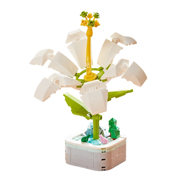 Innovium™ 3D fehér liliomvirágos építőkészlet, valósághű cserepes modell, 128 g, 19,5 × 14 × 4,2 cm, prémium építőelem-szett, elegáns fehér virágos játék gyerekeknek és felnőtteknek