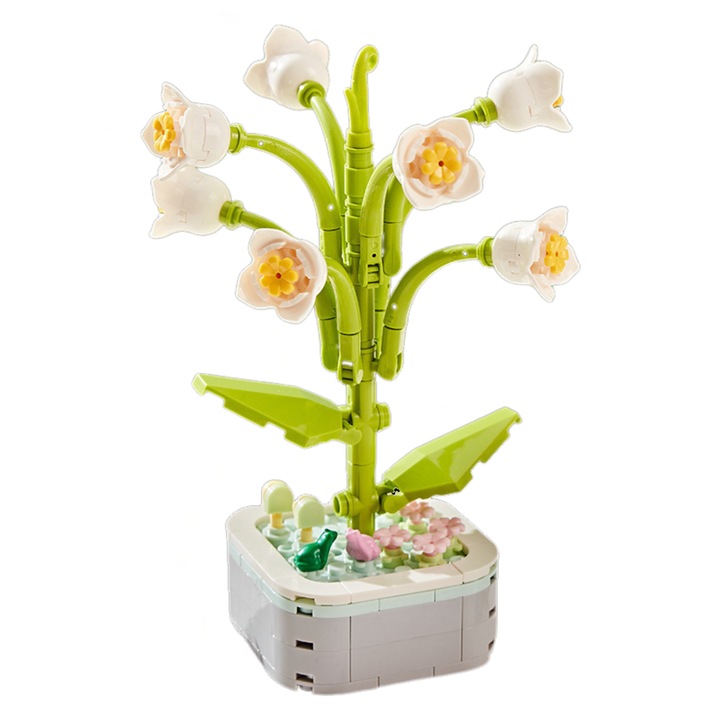 Innovium™ 3D Gyöngyvirág építőkészlet, valósághű cserepes modell, fehér/sárga, 128 g, 16,8 × 11 cm, prémium építőelem-szett, elegáns virágdísz gyerekeknek és felnőtteknek