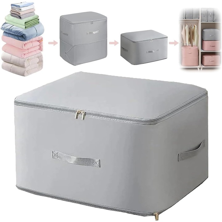 Cutie depozitare, organizator cu auto-comprimare, cu capac, L, 52x42x30 cm, set de 4 bucati, culoare Gri deschis