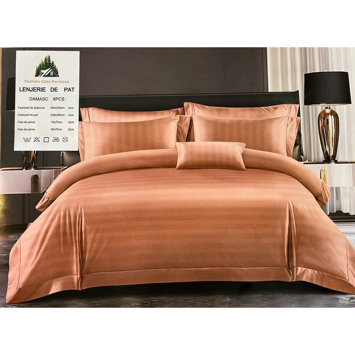 Set elegant Lenjerie de Pat din Damasc, Casa Pucioasa, 4 Piese, Dimensiuni 180 x 200, Fara Elastic, LD10