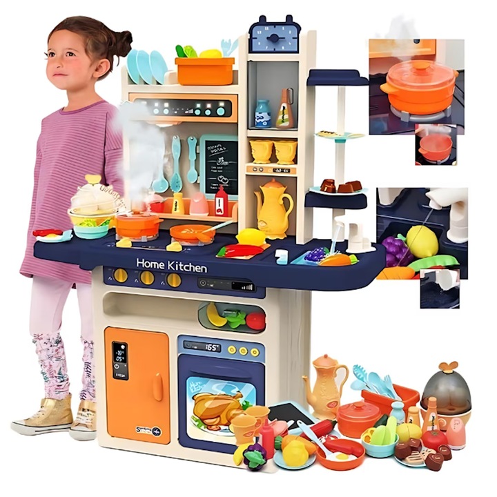 Bucatarie Multifunctionala Home Kitchen idealSTORE, Dimensiuni 93 x 71 cm, Accesorizata cu Sunete si Lumini, 65 de piese, Cuptor, Frigider, Chiuveta cu circuit de apa, Ustensile de gatit, Fructe si Legume