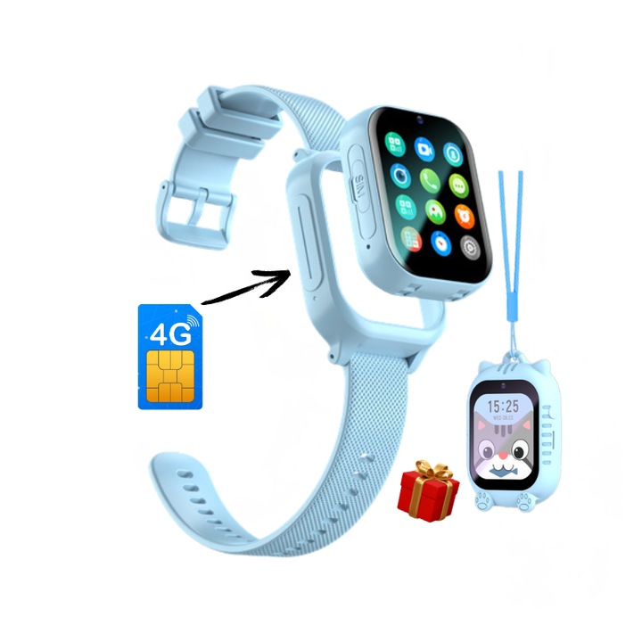 Смарт часовник за деца 4G, SIM карта, GPS, камера, гласово-видео повикване, дискретно наблюдение, SOS бутон, 1,83" дисплей, съвместим с Android / iOS, GITECH® K10, калъф с кабел, син