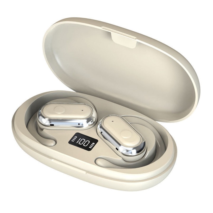 Casti Wireless Alovium® IVORY, Bluetooth 5.4, reducere zgomot ENC, sunet panoramic 360°, autonomie 36 ore, confort ergonomic, prindere pe ureche, incarcare rapida Type-C, crem ivoary