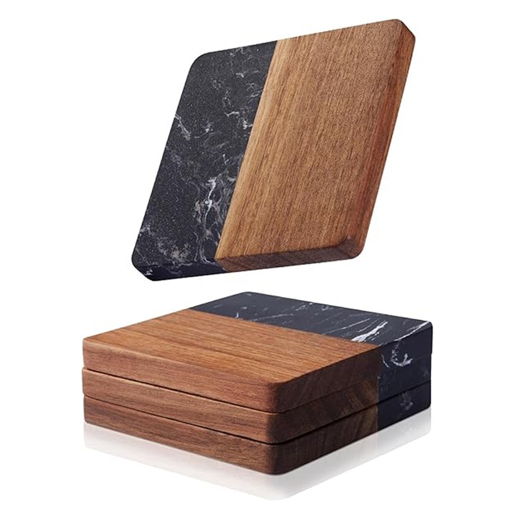 1x Suport de pahare patrat din marmura si lemn, negru, SanDonna, 10x10 cm