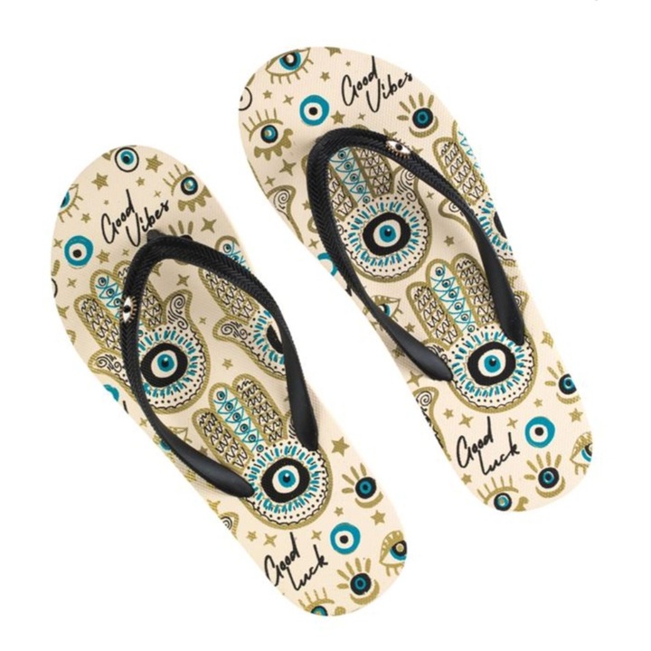 Papuci de plaja, pentru femei, model palma lui Fatima si ochi "Good vibes", ecru/negru, 38-39