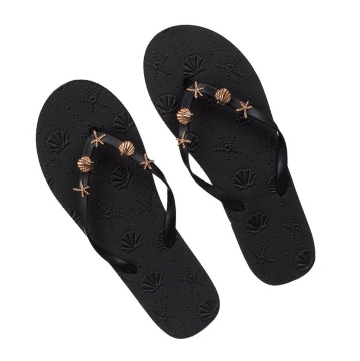 Papuci de plaja, pentru femei, model scoici si stele, negru/auriudwqfwq, Negru, 38-39