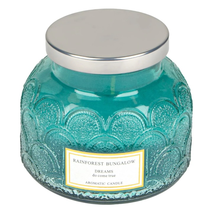 Тюркоазена лятна ароматна свещ в кръгъл буркан със сребърен капак "Мечтите се сбъдват" Ø8x9.3cm