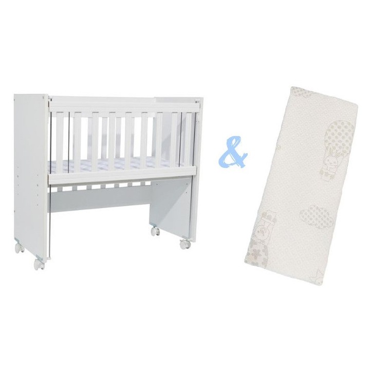 Set patut copii Nichiduta Mini Cot White cu laterala culisanta, somiera reglabila pe 4 nivele de inaltime, Roti cu blocare si Margini rotunjite + Saltea cocos-burete cu detasabila cu fermoar Dreamillo Bunny 90x40 cm
