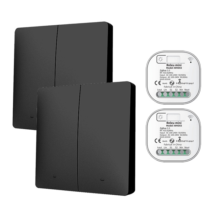 Kit 2 intrerupatoare cinetice RF433, HomeVast®, 2 canale, negru, plus 2 receivere inteligente, ZigBee+RF, on/off, compatibile Tuya, Smartlife, Google Home si Amazon Alexa