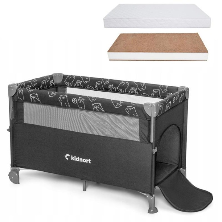 Set Patut pliabil 3 in 1 pentru copii, Kidnort, cu doua nivele, laterala culisanta, plasa de ventilatie, saltea pliabila si geanta de transport incluse, dimensiune 128x78.5x68 cm, Livsmiljo Dark Grey + Saltea cocos Comfort 8 cm