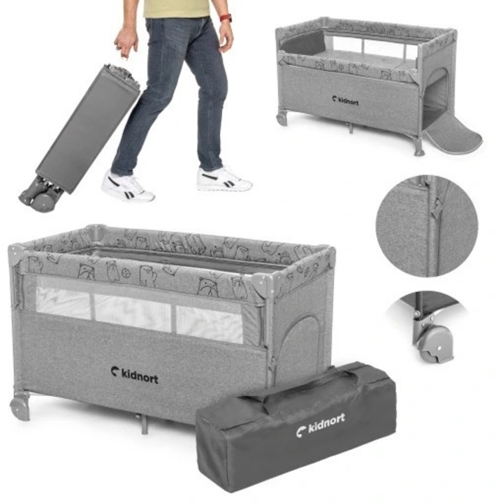 Patut pliabil 3 in 1 pentru copii, Kidnort, cu doua nivele, laterala culisanta, plasa de ventilatie, cu saltea si geanta de transport incluse, dimensiune 128 x 78.5 x 68 cm, Livsmiljo Light Grey