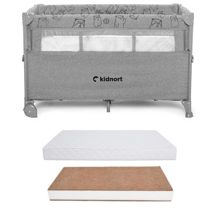 Set Patut pliabil 3 in 1 pentru copii, Kidnort, cu doua nivele, laterala culisanta, plasa de ventilatie, saltea pliabila si geanta de transport incluse, dimensiune 128x78.5x68 cm, Livsmiljo Light Grey + Saltea cocos Comfort 8 cm